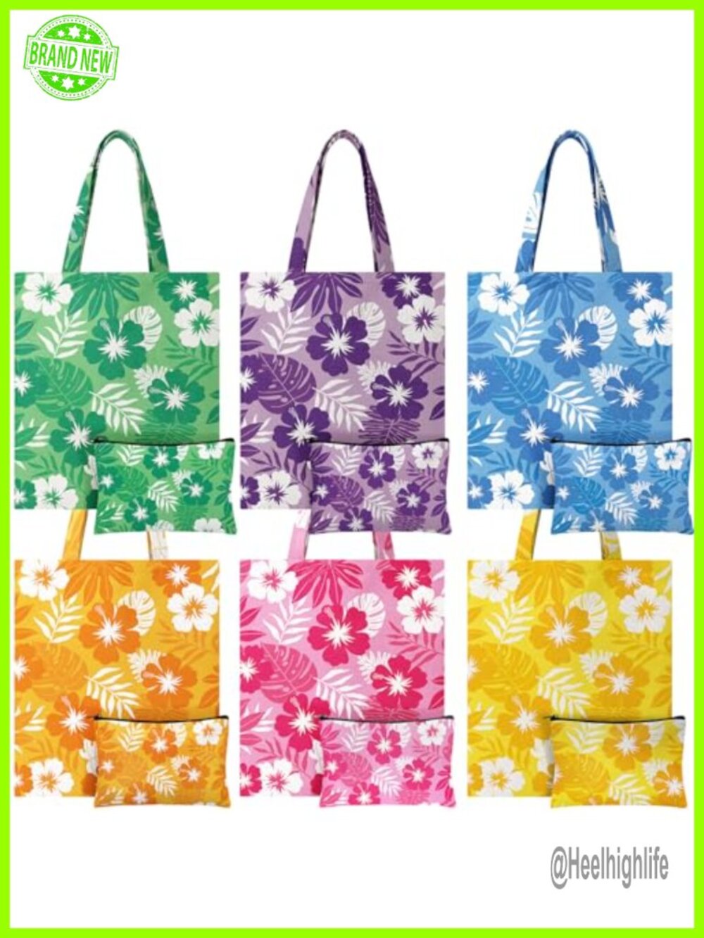 6 Canvas Tote Bags with Hibiscus Flower Makeup Bags Reusable Tropical Grocery